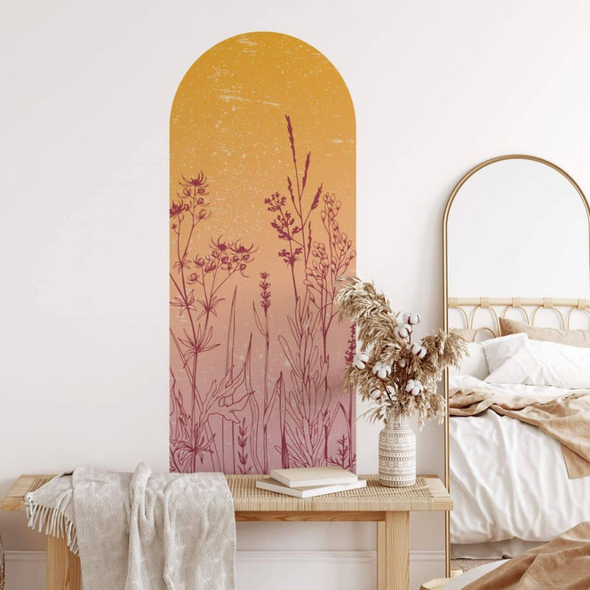 Wandtattoo Rundbogen Feldblumen orange-pink