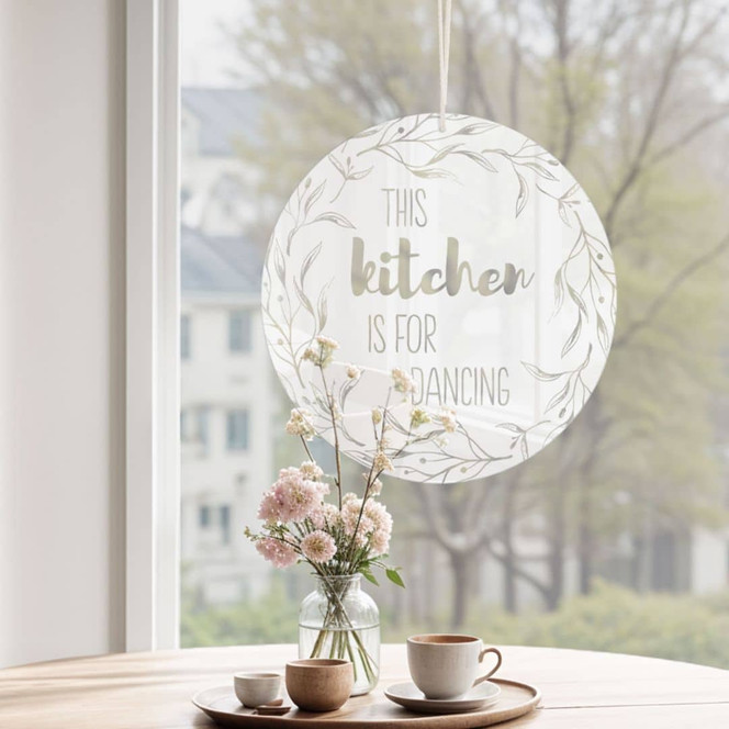 Acrylglasbild, Fensterbild zum Aufhängen This kitchen is for dancing - Rund