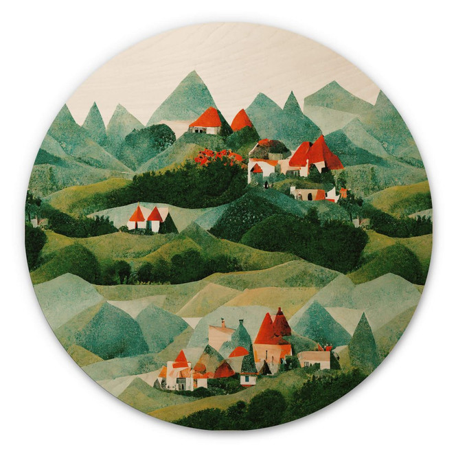 Holzbild Treechild - Kleines Dorf inmitten grüner Hügel - Rund