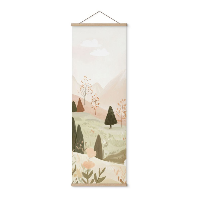 Stoffbild Pastell Berglandschaft mit Blumen - Treechild - Panorama