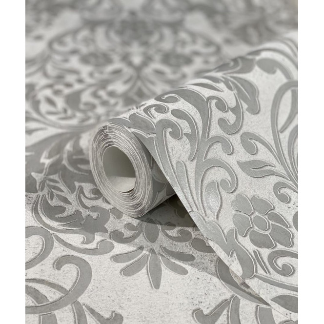 Vliestapete mit ornamentalem Damask-Motiv Grau Ornamental
