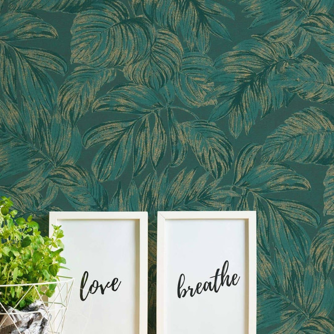 Dschungel Tapete Grün Gold mit Metalliceffekt - Vliestapete Palmen-Blätter