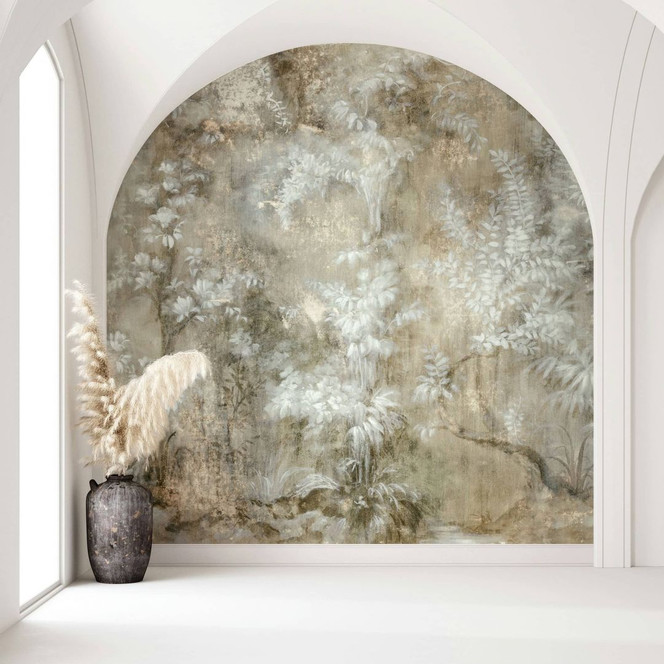 Fototapete in gezeichneter Wald beige, weiss, grün Floral