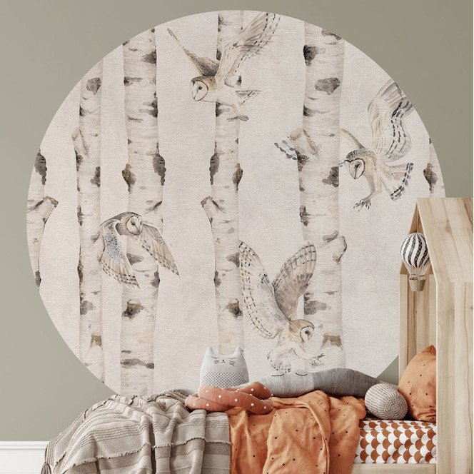 Fototapete Eulen im Birkenwald - Kikki Belle - Rund - Selbstklebend/Vlies