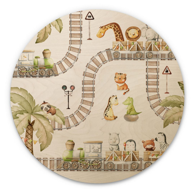 Holzbild Lokomotive-Fahrt mit Zootieren - Oliver Robins - Rund