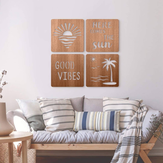 3D Holz-Deko Sonne, Strand und Palmen (4er-Set) - Mahagoni