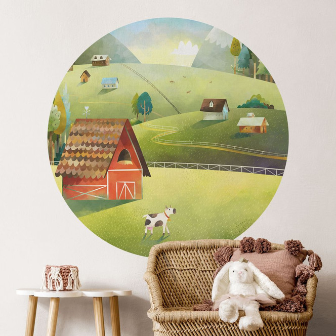 Wandtattoo Bunter Bauernhof in den Bergen - DigitalArtsi - Rund