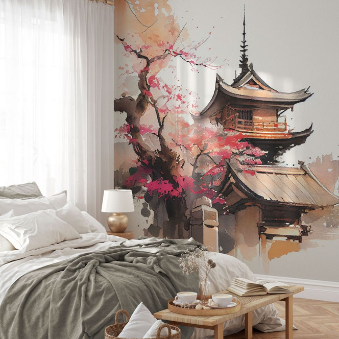 Fototapete Japanische Pagode mit Kirschblüten - Jaszke