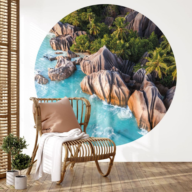 Fototapete Tropische Felsenküste der Seychellen - Colombo - Rund - Selbstklebend/Vlies