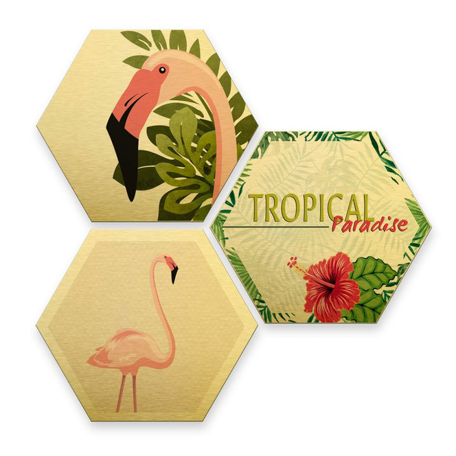 Hexagon - Alu-Dibond-Goldeffekt - Flamingo 03 (3er Set)