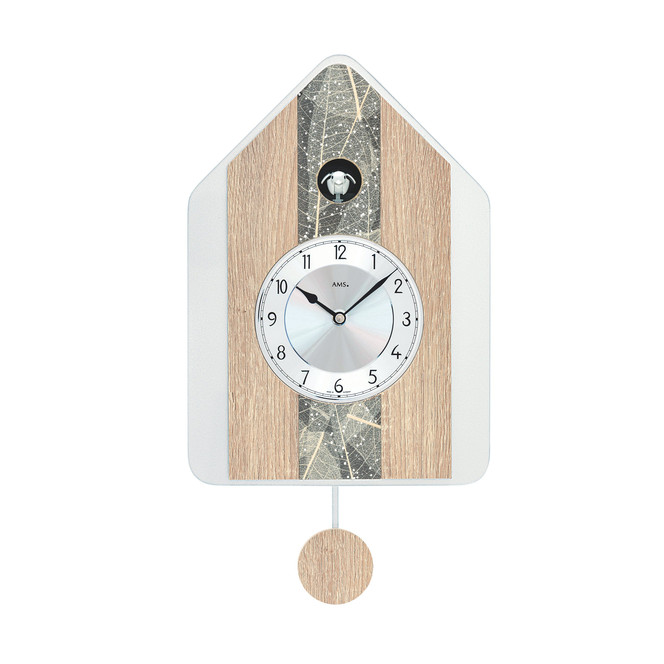 Kuckucksuhr Wanduhr Holzgehäuse, Natur-Baumblatteinlage mit Swarovski Glaskristalle