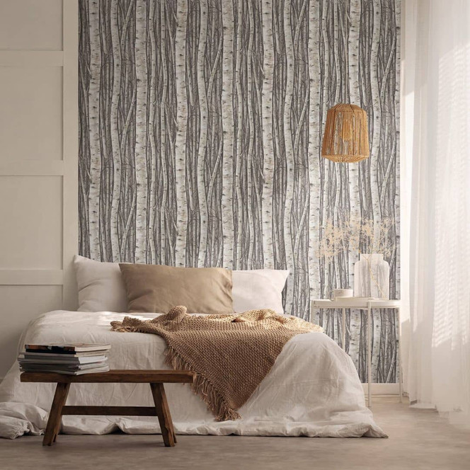 Vliestapete mit Wäldern und Buchenbäumen grau, braun Floral
