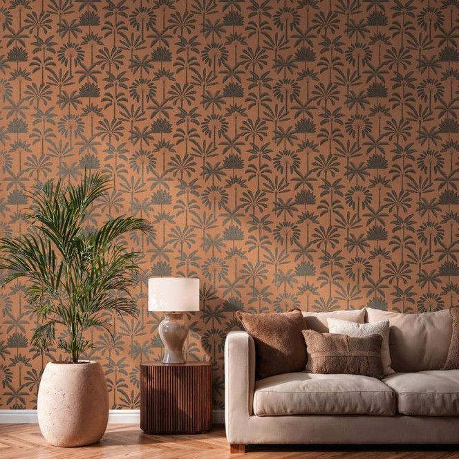 Vliestapete Palmen orange schwarz metallic Tapete Wandtapete Blätter Natur
