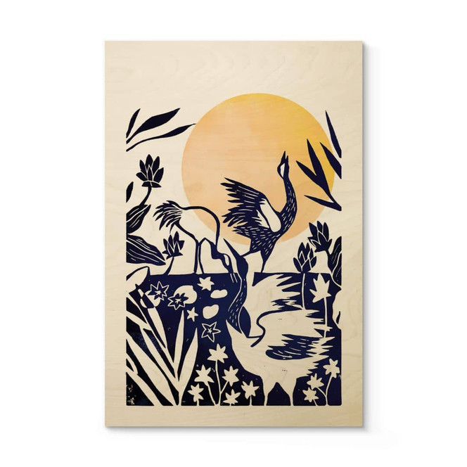 Holzbild Goed Blauw - Linolschnitt Kranich