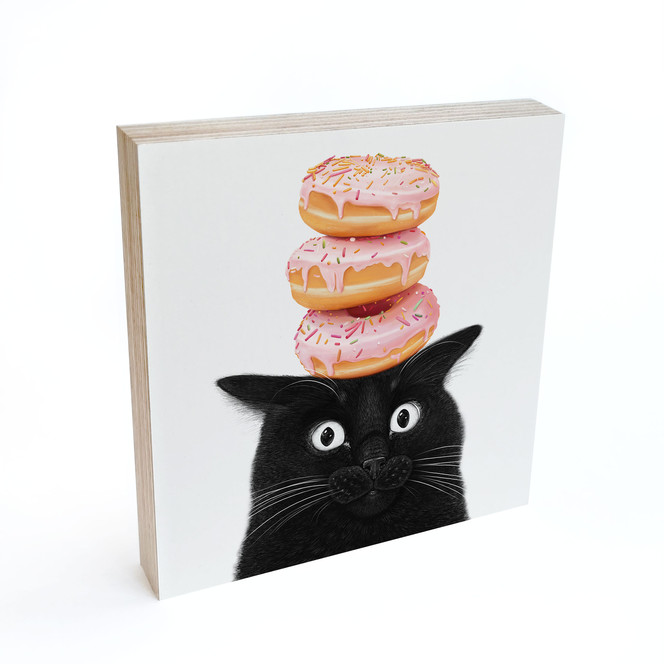 Holzbild zum Hinstellen - Schwarze Katze mit pinken Donuts - Korenkova - 15 x 15 cm