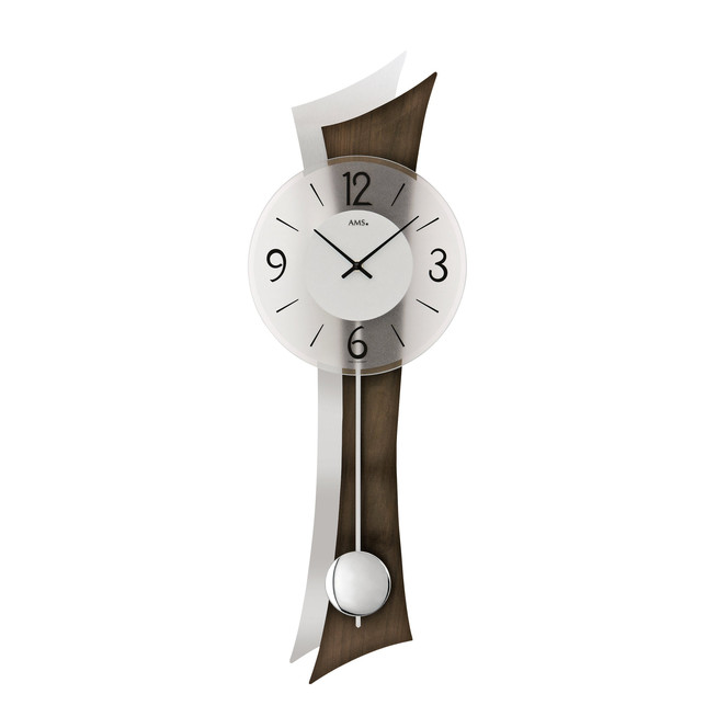 Pendelwanduhr Geschwungenes Holzgehäuse Nussbaum/Aluminium-Applikation