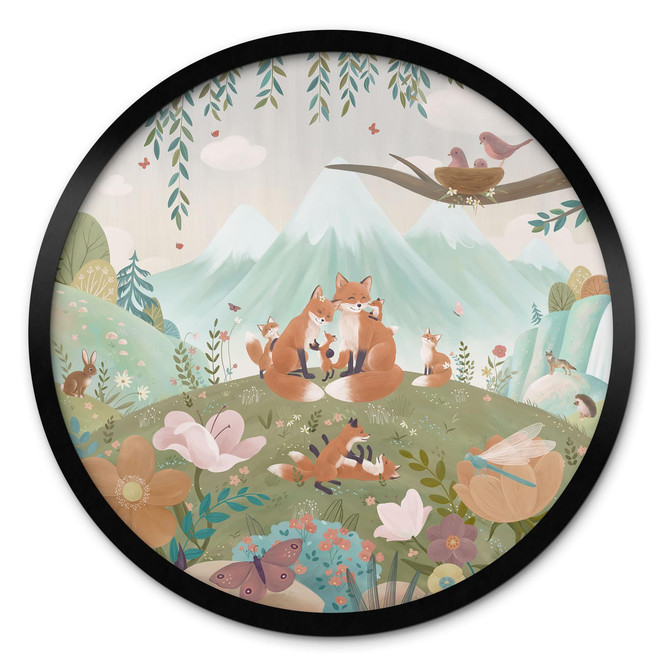 Poster Fuchs Familie auf der Blumenwiese - Oliver Robins - Rund