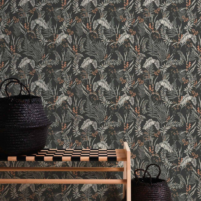 Dschungel-Mustertapete mit Gräsern Schwarz-Weiss - Tapete mit Blüten orange