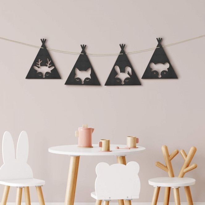 MDF - Holzdeko - Wimpelkette Tipi Tiere 4er-Set inkl. Baumwollseil