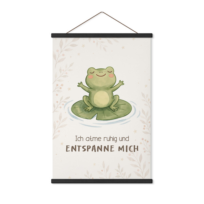 Stoffbild mit Frosch - Glaubenssatz "Ich atme ruhig" für Kinder