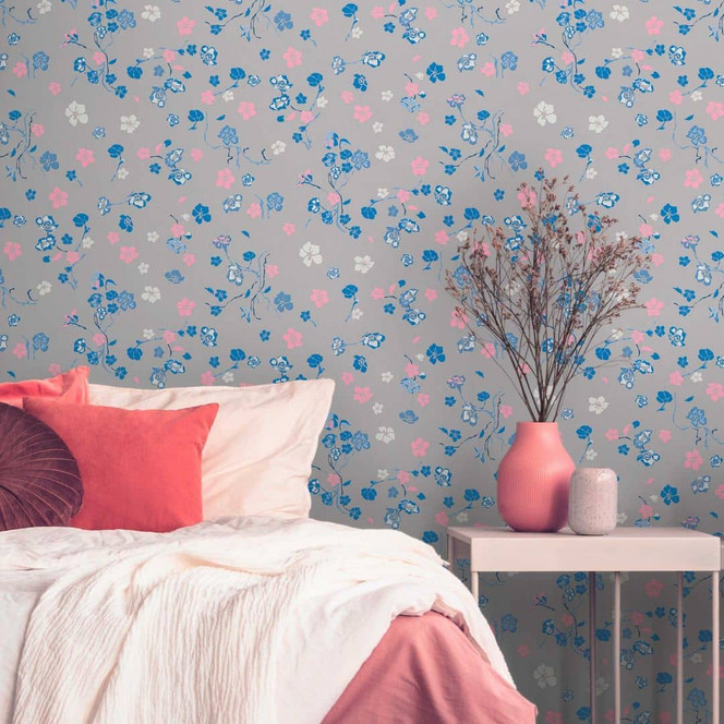 Tapete Blumen Grau Blau - Florale Tapete Designer - Vliestapete Natur