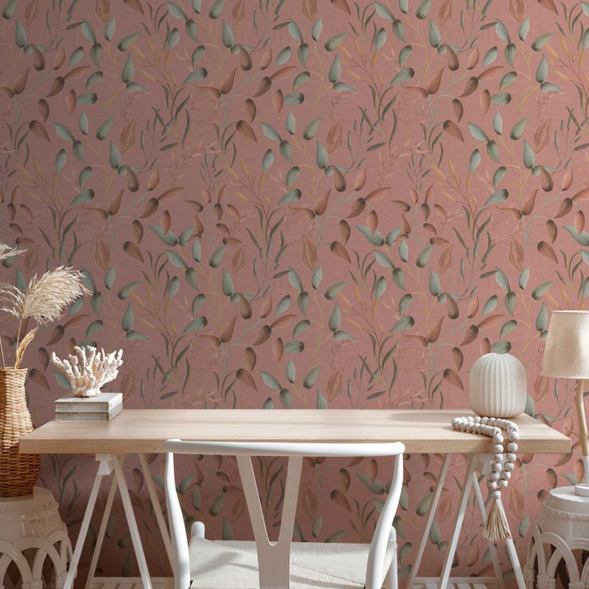 Florale Tapete Blätter Aquarell - Vliestapete in Altrosa Grün Braun - Pflanzen-Tapete