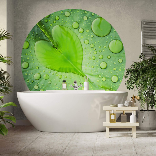 Fototapete Foto - Herz aus Wassertropfen auf grünem Blatt - Rund - Selbstklebend/Vlies
