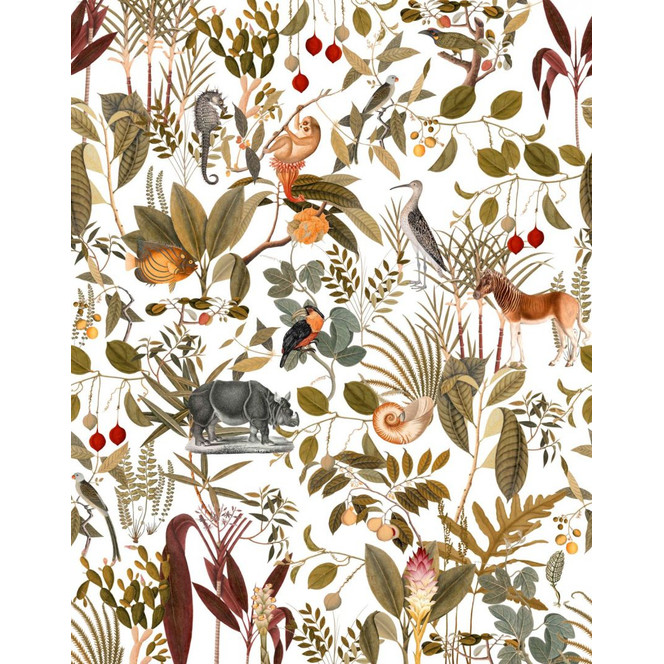 Fototapete Motivtapete Safari Collage mit Okapi, Nashorn und Vögeln auf hellem Grund 2.7 x 2.12 m