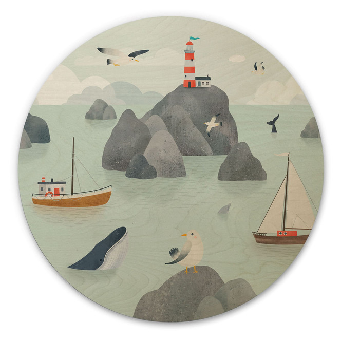 Holzbild Maritimes Küstenmotiv mit Leuchtturm - Oliver Robins - Rund