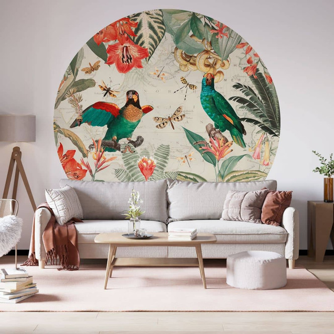 Fototapete Exotischer Dschungel mit Papageien - UN Designs - Rund - Selbstklebend/Vlies