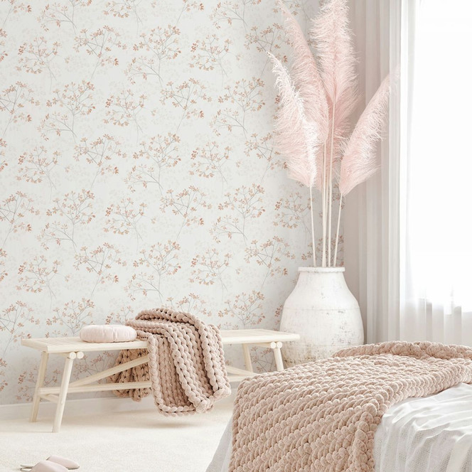 Vliestapete Blätter Floral Natur matt in Weiss Rot