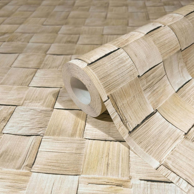 Vliestapete in 3D-Flechtoptik aus Holz beige 3D-Optik