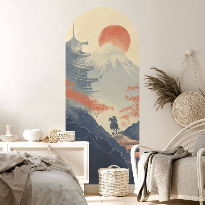 Wandtattoo Rundbogen Wandpaneel Sonnenaufgang über der Pagode - Roze - schmal