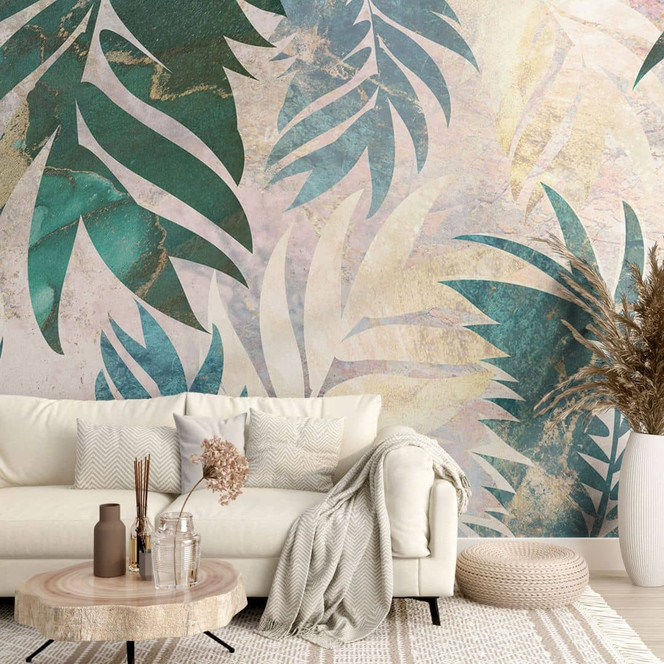 Fototapete Urban Jungle - Exotische Palmenblätter in Gold-grün - Manovski