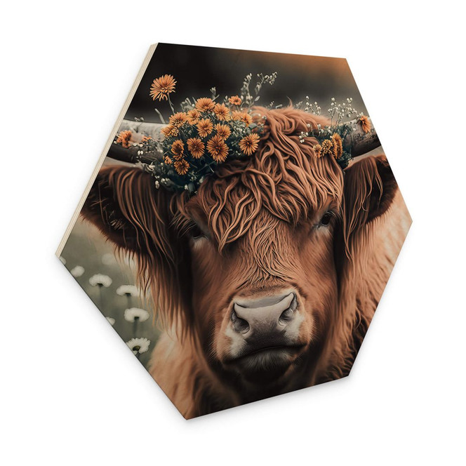 Hexagon Holzbild Treechild - Hochlandkuh mit Blütenkranz