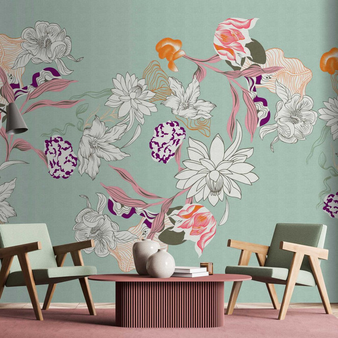 Fototapete floral auf Mintgrün - Elegante Vliestapete mit Blumenmuster