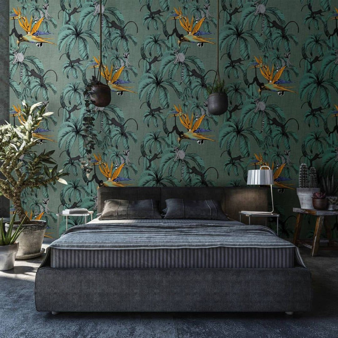 Fototapete mit Affen und Pflanzen, Grün Illustration 3.40 x 2.12 m