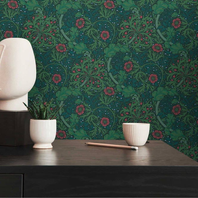 Tapete mit Blumenranken und Blüten Grün Rot - Blumen-Vliestapete floral