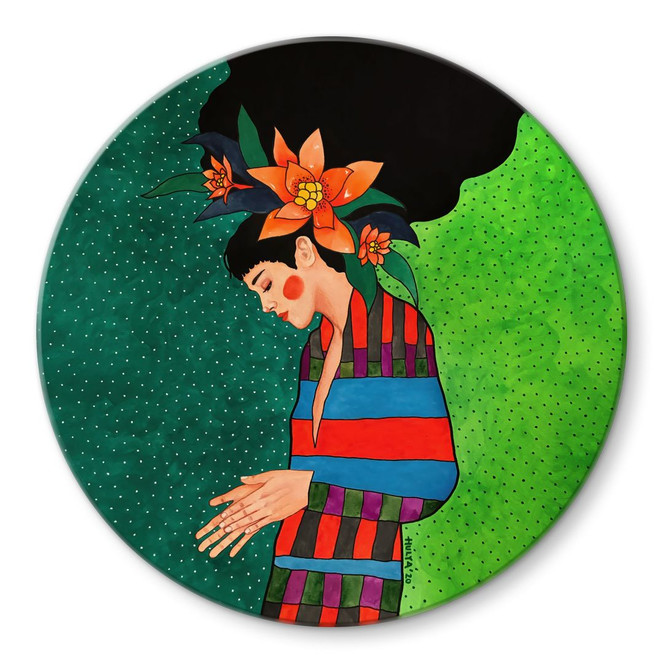 Glasbild Frau im Streifenkleid mit orangen Blüten - Hülya - Rund