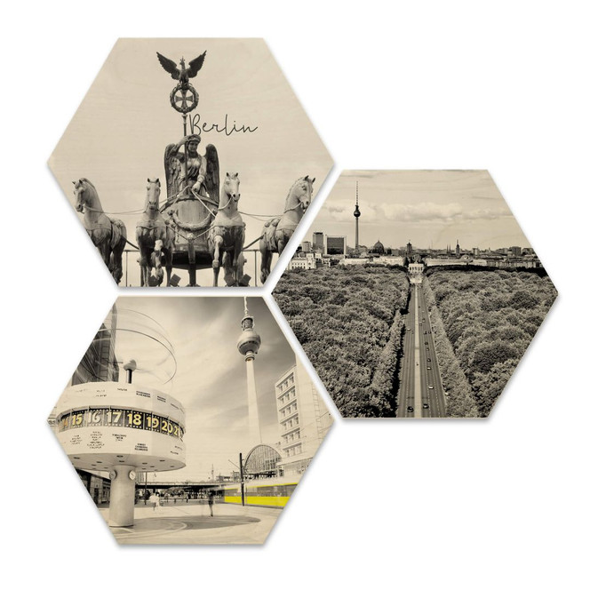Hexagon - Holz Birke-Furnier - Impression of Berlin (3er Set)