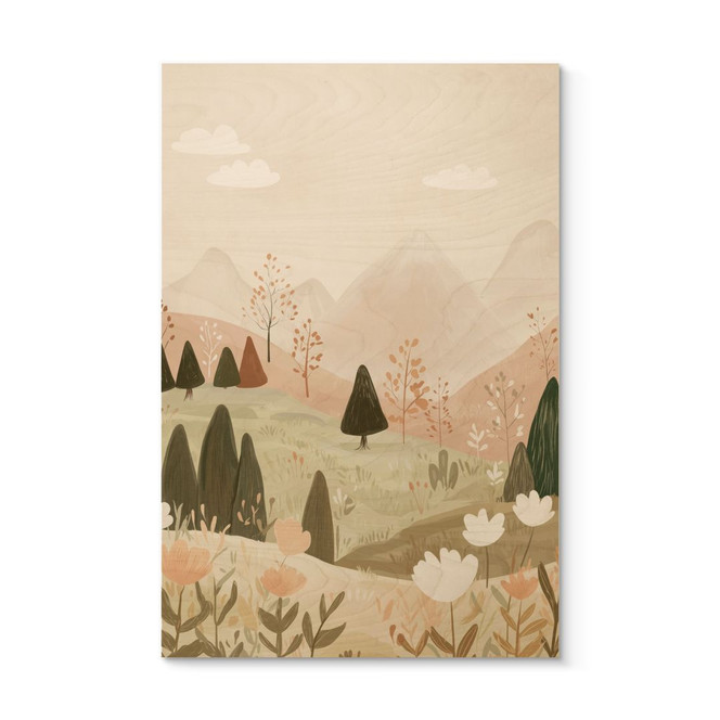 Holzbild Pastell Berglandschaft mit Blumen - Treechild