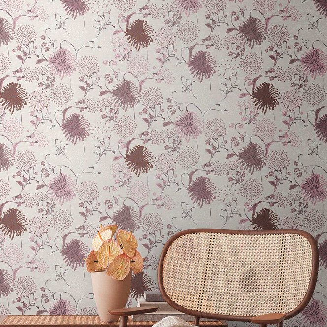 Blumentapete Abstrakt Weiss Lila - Florale Tapete - Naturtapete Wohnzimmer