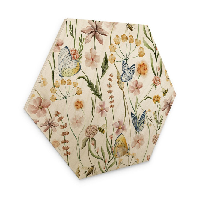 Hexagon Holzbild Frühlingswiese mit Schmetterlingen - UN Designs
