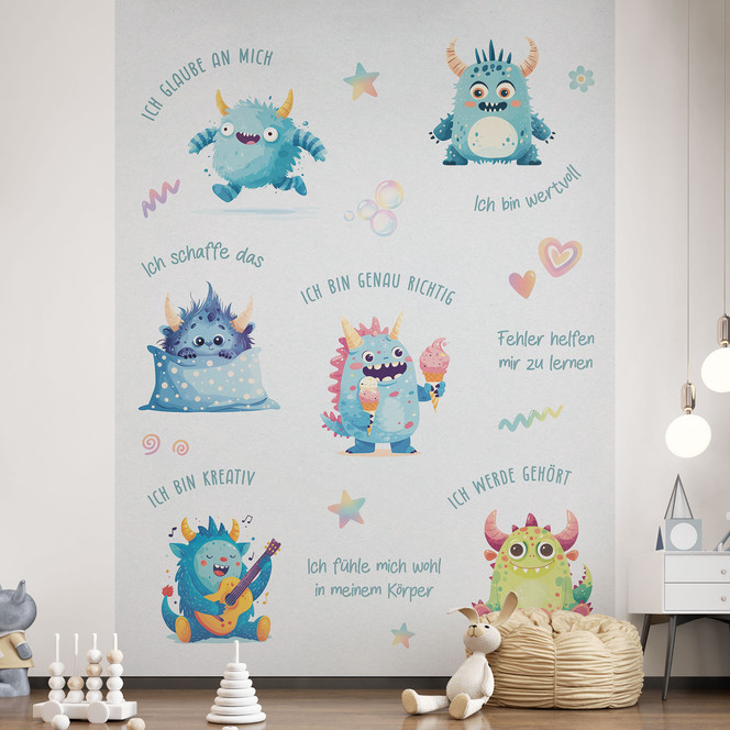 Kinderzimmer-Tapete - Affirmationen mit bunten Monstern