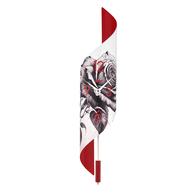 Regulateur Savanna II "HERMLE" Edelstahl Vorderseite Motiv Rose Rückwand rot