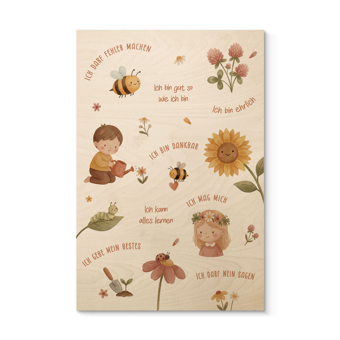Holzbild mit Affirmationen Blumen - kindgerechte Mutmachsprüche