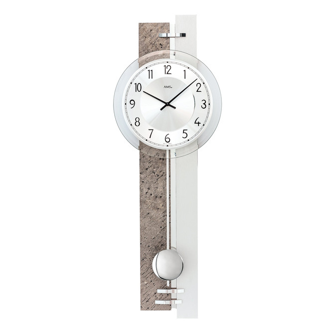 Pendelwanduhr Holzgehäuse Naturstein/Aluminium-Veredelung, Metallzierstab