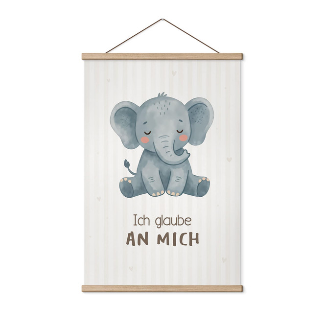 Stoffbild mit Elefant - Glaubenssatz "Ich glaube an mich" für Kinder