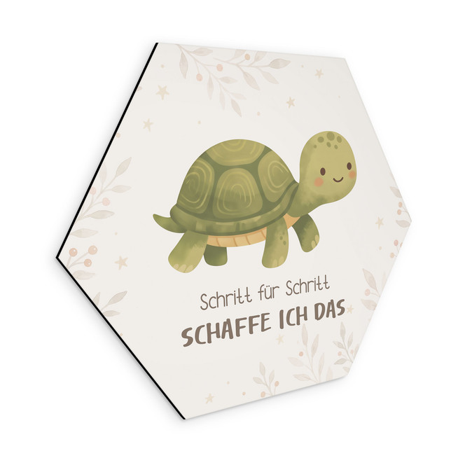 Alu-Dibond Hexagon mit Schildkröte - positiver Spruch "Schritt für Schritt schaffe ich das"