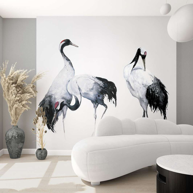 Fototapete mit Kranichen im Asia Style weiss, schwarz Illustration 2.70 x 1.59 m